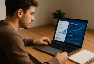 Jovem analisando gráficos e simuladores em um notebook com caderno de anotações ao lado, estudando sobre investimentos seguros para iniciantes.