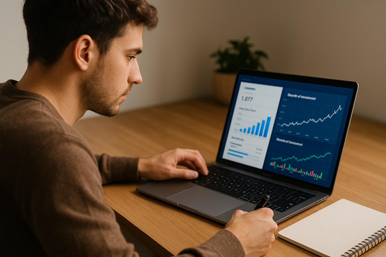 Jovem analisando gráficos e simuladores em um notebook com caderno de anotações ao lado, estudando sobre investimentos seguros para iniciantes.