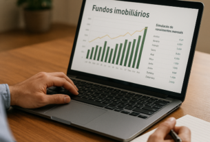 Pessoa analisando gráficos de fundos imobiliários em um notebook com caderno e caneta ao lado, simulando rendimentos mensais.